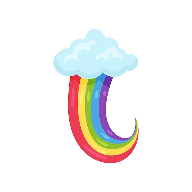Blaue flauschige Wolke mit großem mehrfarbigen Regenbogen Farbiges grafisches Element für Kinderbuch oder Mobilspiel Cartoon-Illustration Vektordesign isoliert auf weißem Hintergrund Ikon im flachen Stil