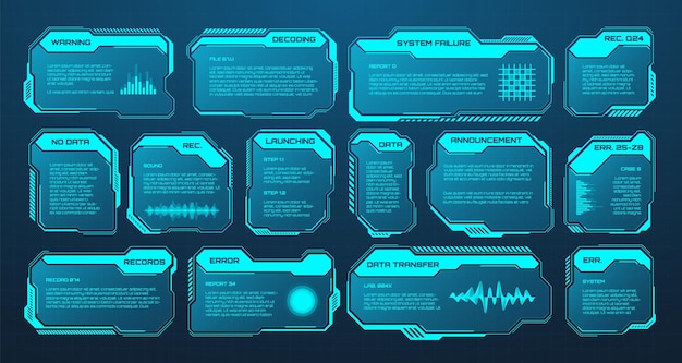 Blaue futuristische hud oder ui Elemente scifi Benutzeroberfläche Textkästchen Callouts Warnmeldungsrahmen