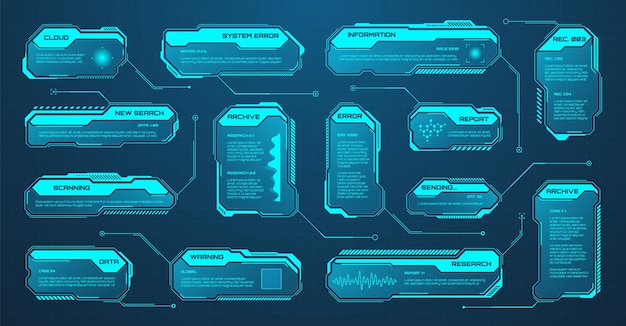 Blaue futuristische hud oder ui Elemente scifi Benutzeroberfläche Textkästchen Callouts Warnmeldungsrahmen