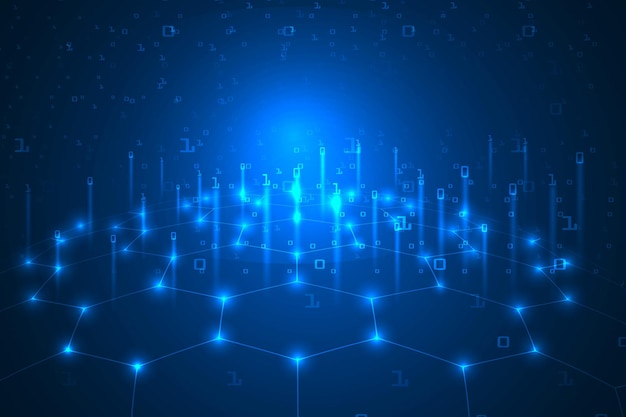 Blaue futuristische Sechsecke mit Zahlen und der Nummer 1 darauf digitaler futuristischer Binärcode-Datenschutz