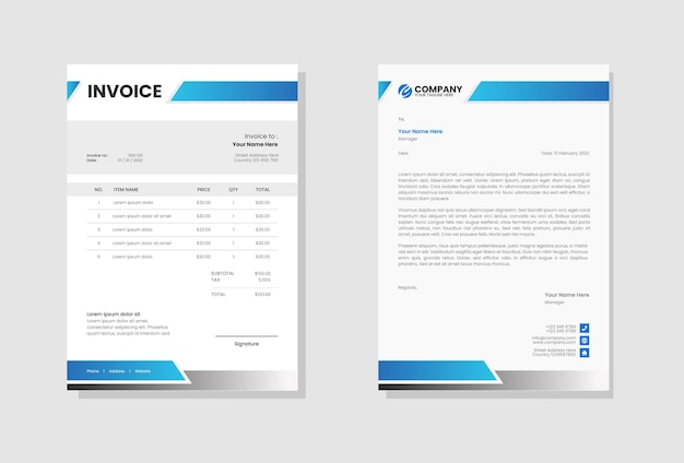 Blaue geschäftsausstattung briefkopf und rechnungsvorlage