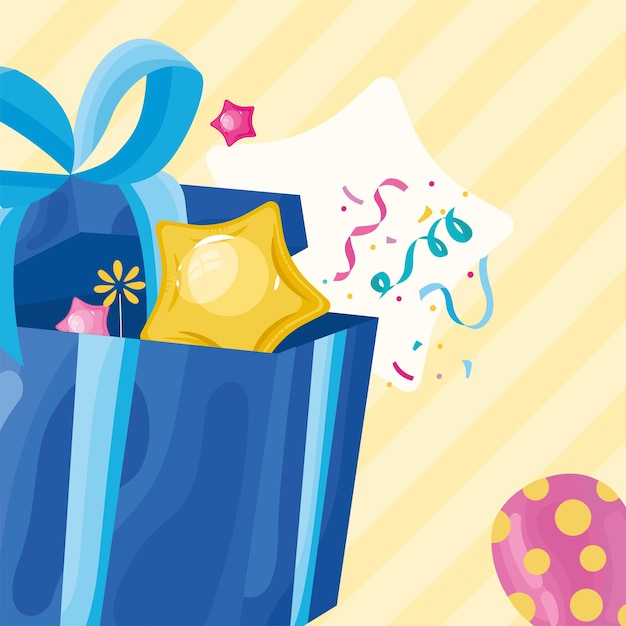 Blaue geschenkbox und konfetti-party