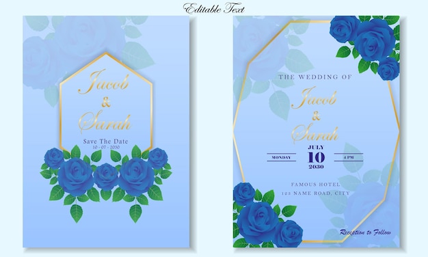 Blaue Hochzeitskartenschablone mit Blumenrahmen der blauen Rose durch Vektordesign