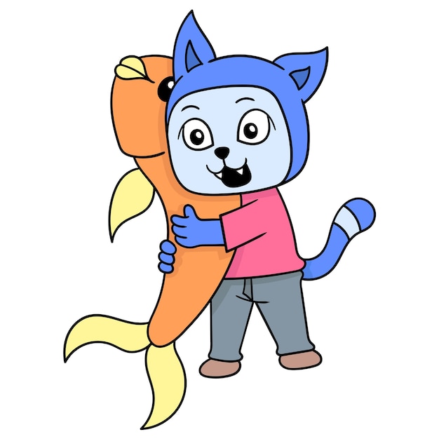 Blaue katze, die einen großen fisch umarmt, vektorillustrationskunst. doodle symbolbild kawaii.