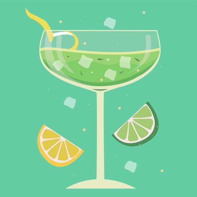 Blaue margarita-cocktail-vektor-illustration mit limetten- und zitronenminzhintergrund