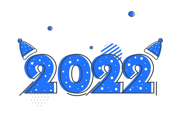 Vektor blaue nummer 2022 mit wollmützen auf weißem hintergrund. kann als grußkarte verwendet werden.