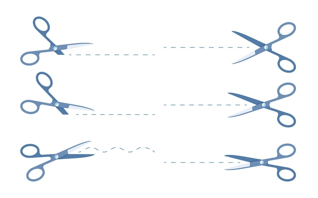 Vektor blaue offene schere im flachen cartoon-stil mit schnittlinien stellen ikonen der schere mit gestrichelter linie für ...