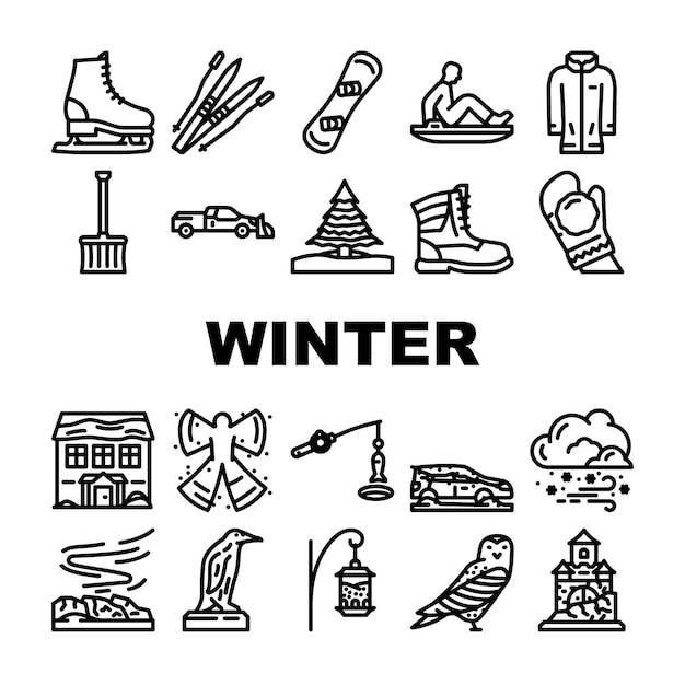 Vektor blaue symbole der winterschneesaison setzen vektor, kalte landschaft, feiertag, schneeflocke, himmel, eis, wald, natur, karte, banner, baumszene, winterschneesaison, blau, schwarz, konturillustrationen