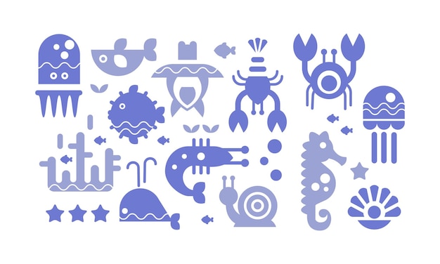 Blaue Symbole für Meereslebewesen setzen niedliche Meeresbewohner unter Wasser, Vektorillustration, Webdesign