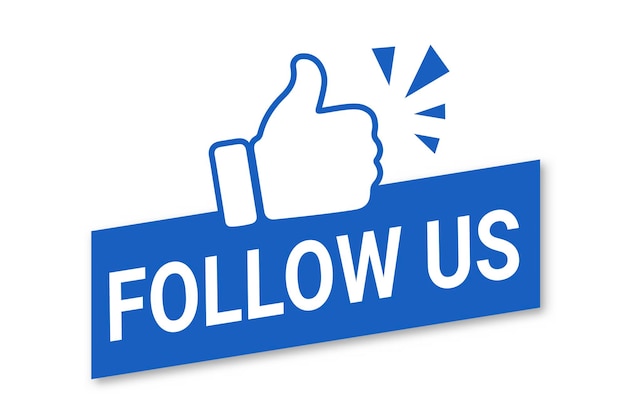 blaue Tags und ein Thumbsup-Hand-Symbol mit Text wie Follow us oder FollowerMinimalvektor