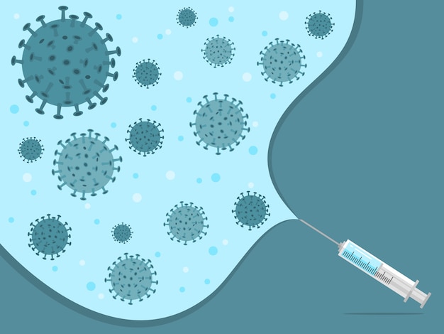 Blaue Tapete des Corona-Virus (Covid-19) und der Impfstoffspritze.