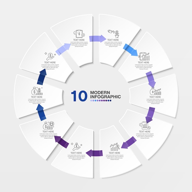 Blaue Tonkreis-Infografik-Vorlage mit 10-Schritt-Prozess- oder Optionsprozessdiagramm