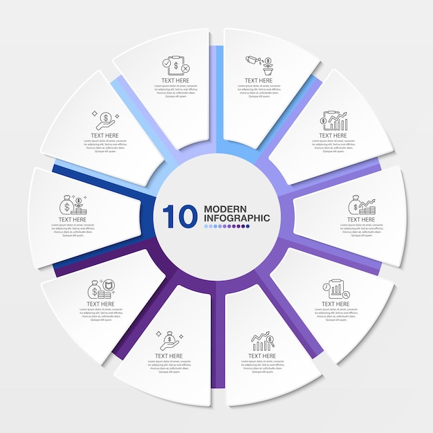 Blaue tonkreis-infografik-vorlage mit 10-schritt-prozess- oder optionsprozessdiagramm