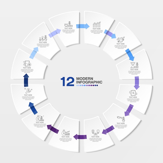 Vektor blaue tonkreis-infografik-vorlage mit 12-schritt-prozess- oder optionsprozessdiagramm