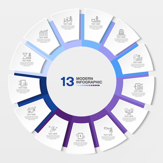 Blaue Tonkreis-Infografik-Vorlage mit 13-Schritt-Prozess- oder Optionsprozessdiagramm