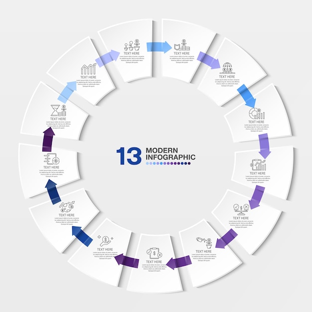 Vektor blaue tonkreis-infografik-vorlage mit 13-schritt-prozess- oder optionsprozessdiagramm