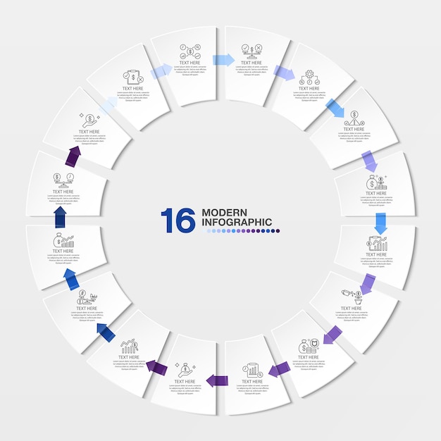 Blaue tonkreis-infografik-vorlage mit 16-schritt-prozess- oder optionsprozessdiagramm