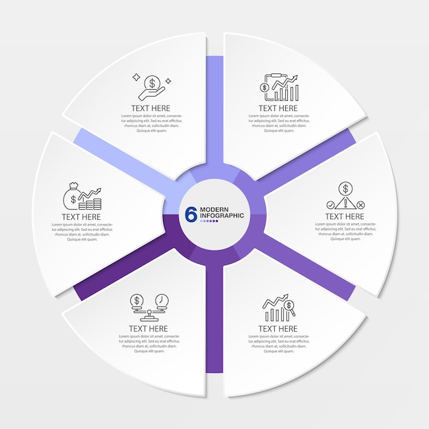 Blaue Tonkreis-Infografik-Vorlage mit 6-Schritt-Prozess- oder Optionsprozessdiagramm