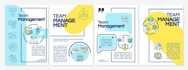 Blaue und gelbe broschürenvorlage für das teammanagement. broschürendruckdesign mit linearen symbolen. vektorlayouts für präsentationen, jahresberichte, anzeigen. questrial-regular-, lato-regular-schriftarten verwendet