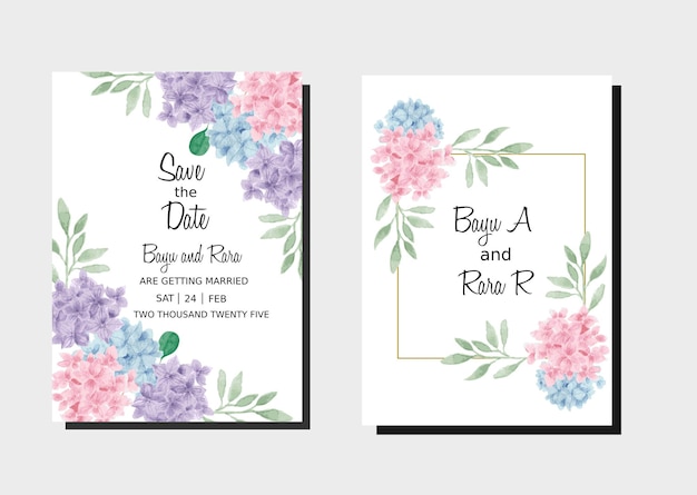 Blaue und lila hortensie aquarell hochzeitsvorlage