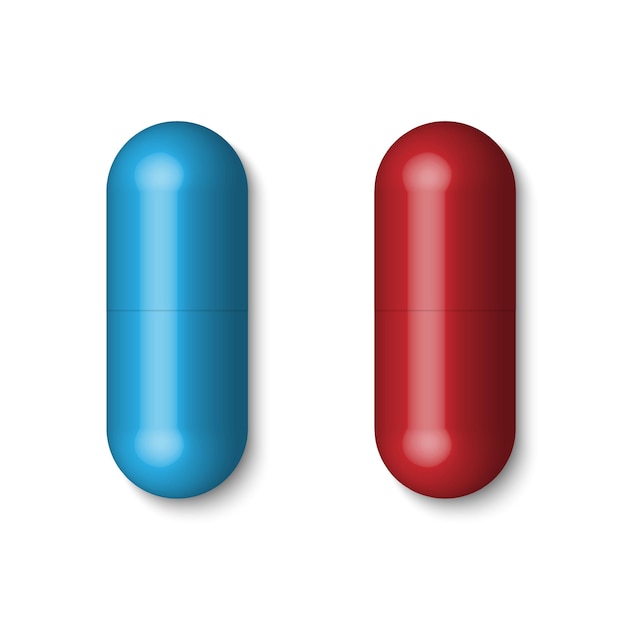 Blaue und rote medizinische pillen, tabletten, kapseln lokalisiert auf weißem hintergrund, vektorillustration