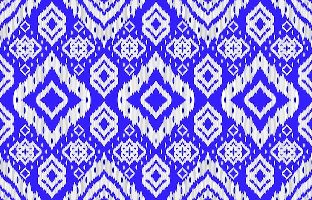 Blaue und silberne ikat-muster. geometrische stammes-vintage-retro-stil. ethno-stoff ikat nahtlos bg.