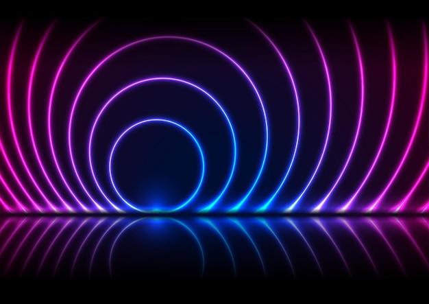 Blaue und ultraviolette Neon-Laserkreise mit Reflexion. Abstrakter Technologie-Retro-Hintergrund. Futuristisch leuchtendes Vektordesign
