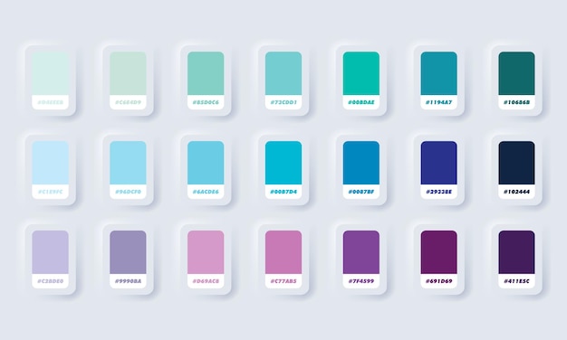 Blaue und violette pastellfarbpalette. katalogmuster blau und lila in rgb hex. farbkatalog. neumorphic ui ux weiße benutzeroberfläche web-schaltfläche. neumorphismus.