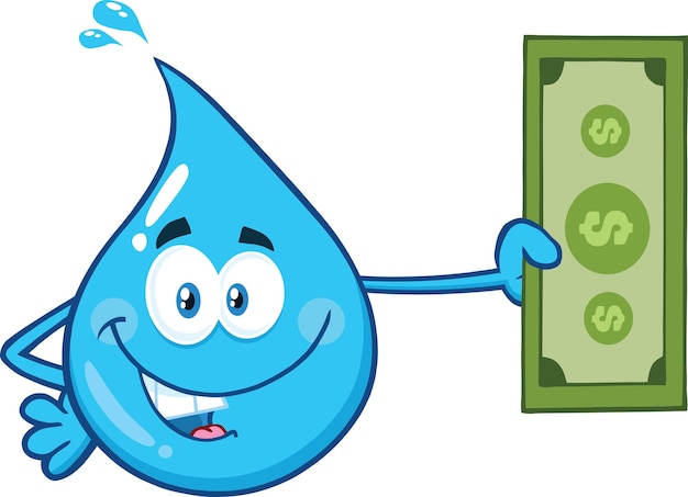 Blaue wassertropfen-cartoon-figur mit einem dollarschein-vektor-illustration