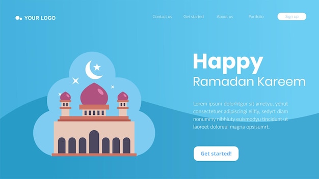 Blaue Webseite mit blauem Hintergrund, auf der fröhlicher Ramadan steht.