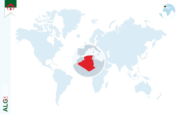 Blaue weltkarte mit lupe auf algerien