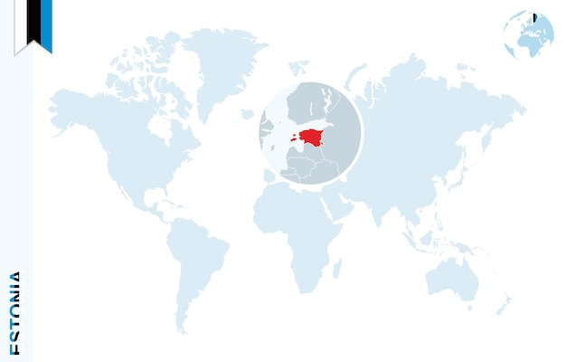 Blaue weltkarte mit lupe auf estland