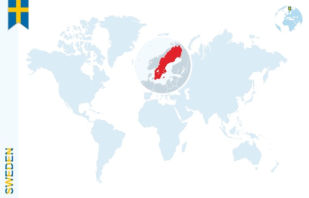 Blaue weltkarte mit lupe auf schweden