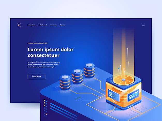 Blaue zielseitenvorlage für pc-hardware-shop. computerausrüstung internet-shop-website-homepage-ui-idee mit isometrischen vektorillustrationen. moderne servertechnologie webbanner dunkle farbe 3d-konzept