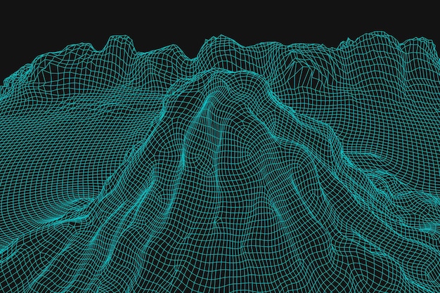 Blauer abstrakter vektor-wireframe-landschaftshintergrund. futuristische 3d-mesh-berge. 80er jahre retro-abbildung. täler der cyberspace-technologie.