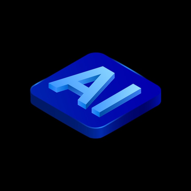 Blauer ai-3d-button auf schwarzem hintergrund