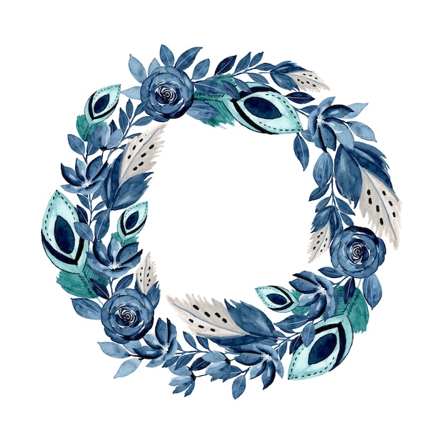 blauer Aquarellblumen- und Federkranz