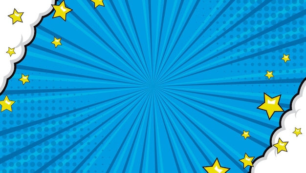 blauer Comic-Hintergrund mit Wolken und Sternen