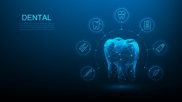 Vektor blauer dunkler hintergrund der zahnmedizinischen digitalen technologie. zahn drahtgitter. medizinische wurzelkanalbehandlung.