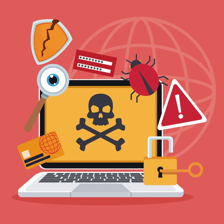 Vektor blauer farbhintergrund laptop mit angriffsvirus und ikonenschutz