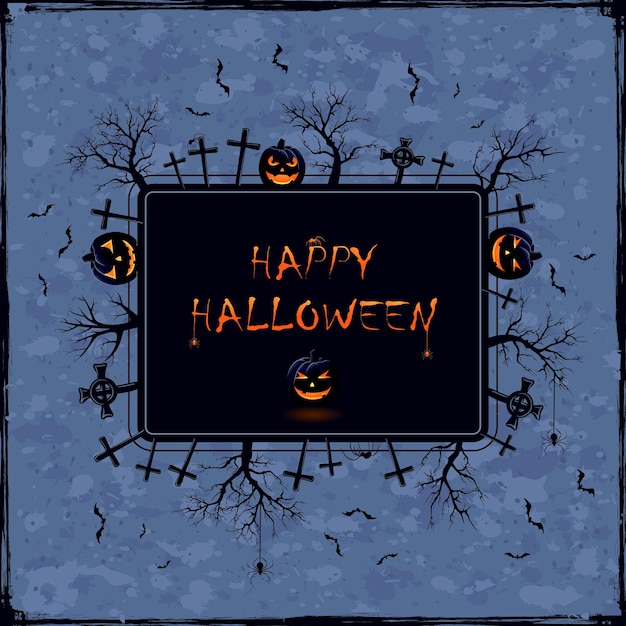 Blauer halloween-hintergrund mit banner-friedhofsbäumen, kürbissen und spinnenillustration