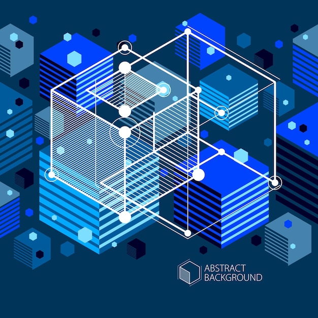 Blauer Hintergrund des abstrakten geometrischen Vektors mit Würfeln und anderen Elementen. Komposition aus Würfeln, Sechsecken, Quadraten, Rechtecken und abstrakten Elementen. Perfekter Hintergrund für Ihre Designprojekte.