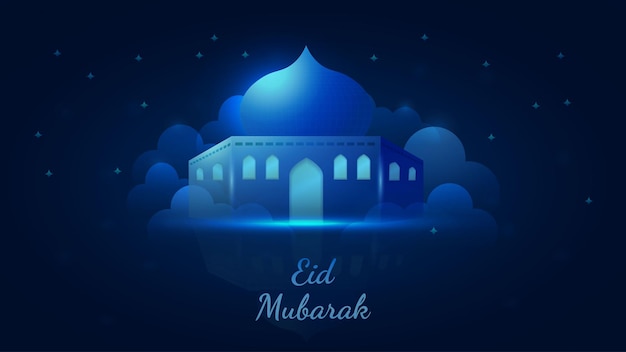 Blauer islamischer Eid Mubarak-Vektorfestivalillustrationsfahnenhintergrund mit Moschee