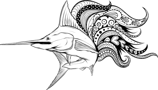 Vektor blauer marlin einfache minimalistische vektorillustration eines schwarz-weißen schwertfischs