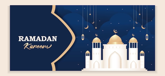 Blauer minimaler muslimischer ramadan kareem mit goldener moscheenfahnenschablone