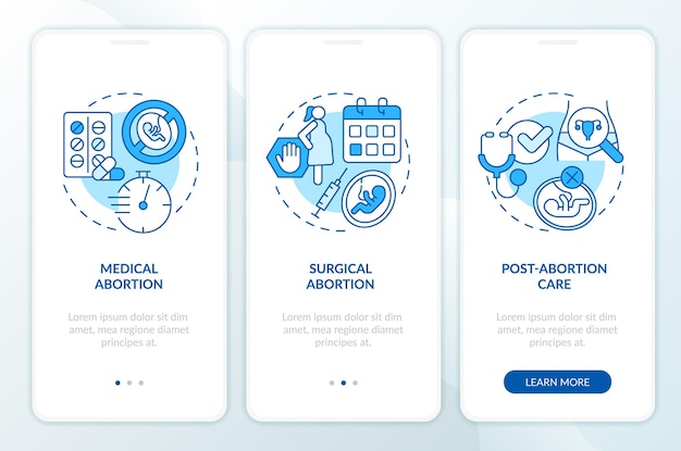 Blauer onboarding-bildschirm der mobilen app für abtreibungspflege