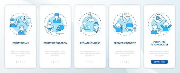 Blauer onboarding-bildschirm der mobilen app für fachkräfte in der pädiatrie. komplettlösung in 5 schritten. bearbeitbare grafische anweisungen mit linearen konzepten. ui-ux-gui-vorlage. unzählige probold-regular-schriftarten werden verwendet