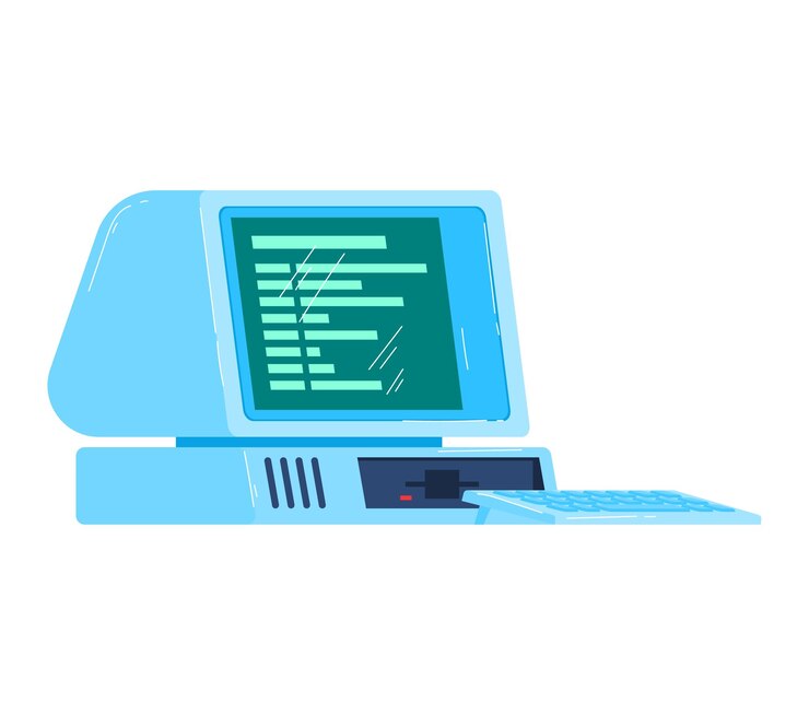Vektor blauer retro-computer mit tastatur und diskettenlaufwerk, minimalistisches vintage-pc-design