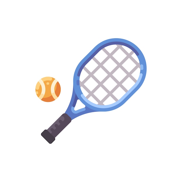 Blauer tennisschläger und ball. flache ikone der sportausrüstung