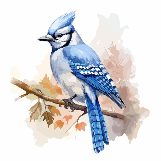 Vektor blauer vogel aquarell isoliert auf weißem hintergrund niedlicher vogel zeichentrickfilm